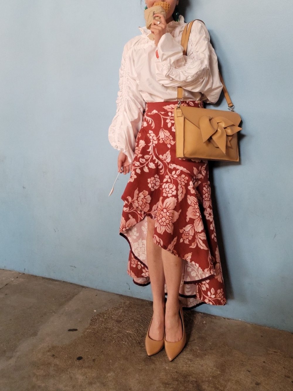 Ruffled High-Low Floral Skirt in Brick Red